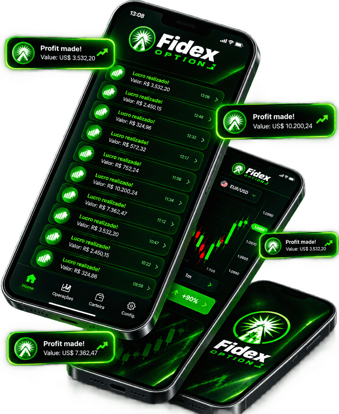 Três celulares com o aplicativo Fidex Option exibindo histórico de lucros, gráfico EUR/USD e notificações de lucro realizado